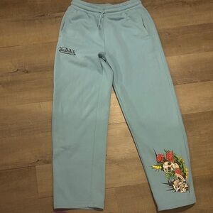 Von Dutch Light Blue Pants with Skull and Floral Design
